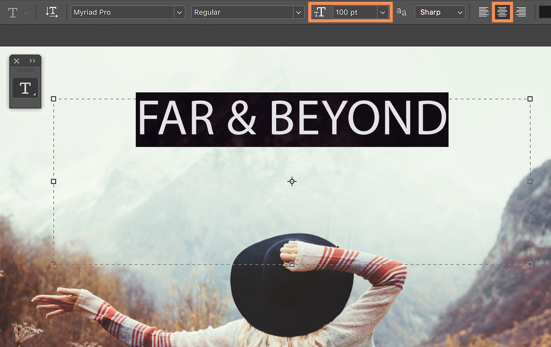 Font is added and adjusted by typing T or clicking Horizontal Type tool in the Tools panel 