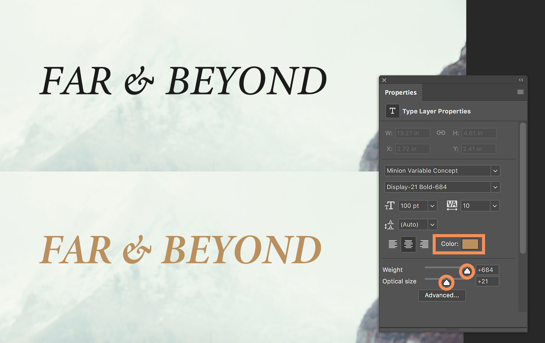 Italic text “Far & Beyond” appears next to the Properties panel. Color, weight, and optical size are modified.