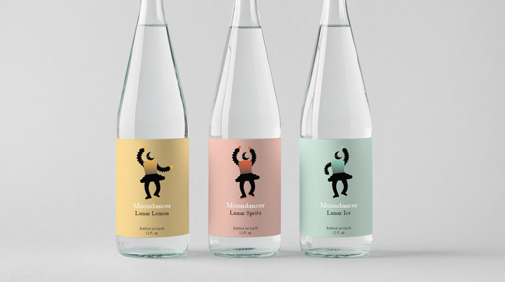 Three bottles of Moondancer beverage feature figures posed differently
