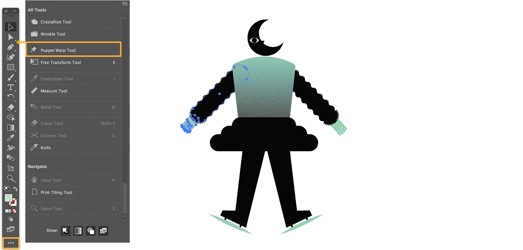 Figure skating figure with moon for a head. The arm is selected and Puppet Warp Tool is highlighted.