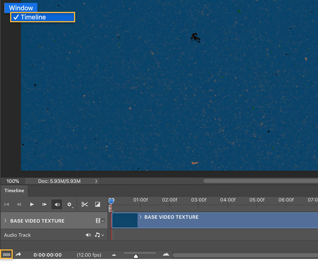 Photoshop canvas shows mottled blue background and animation Timeline has a video layer with 14 frames set to 12 fps