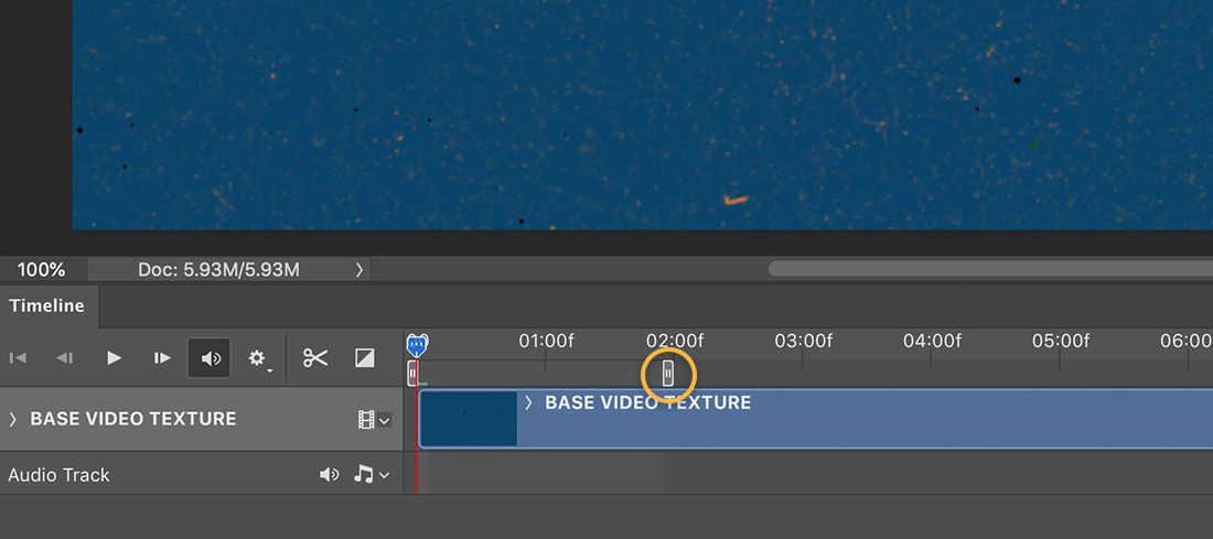 Settings on BASE VIDEO TEXTURE layer in Photoshop Timeline shows Replace Footage option selected