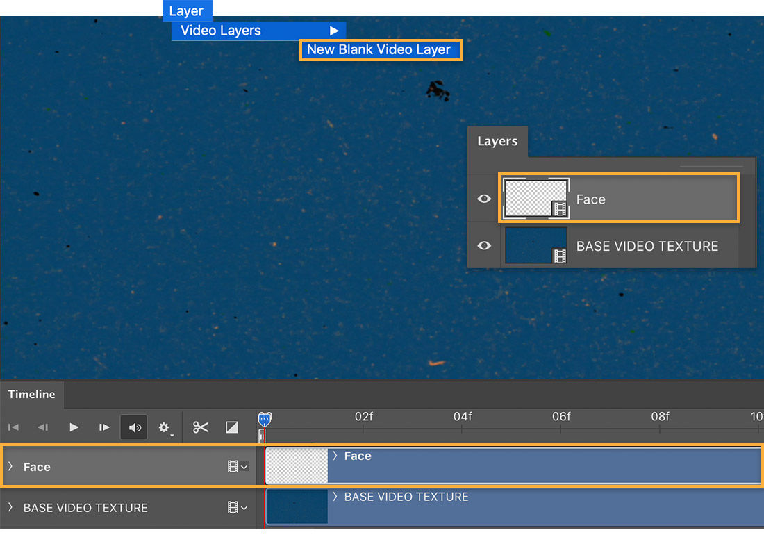 Photoshop animation timeline shows Face layer, Layer > Video Layers > New Blank Video Layer menu selection above canvas