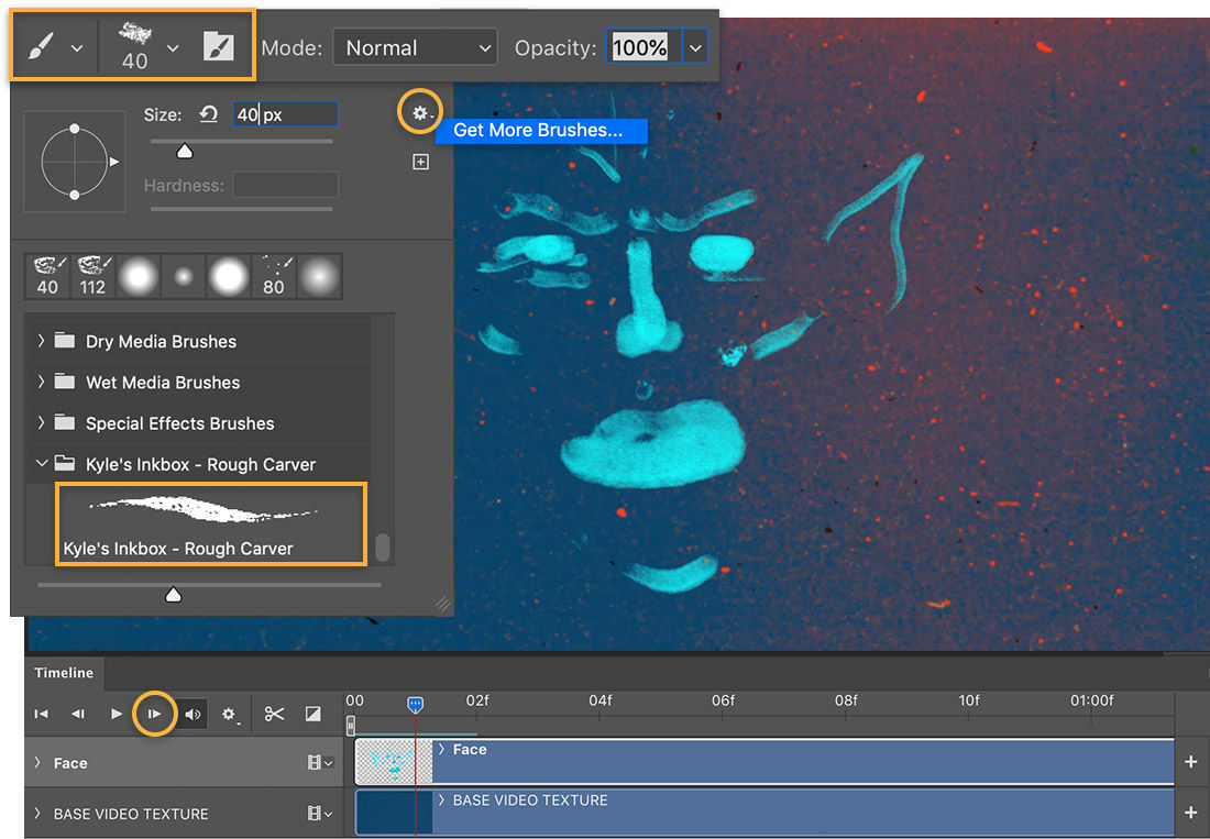 Face sketched with cyan color, Brush settings show Kyle’s Inkbox – Rough Carver brush is set to 40, Get More Brushes option