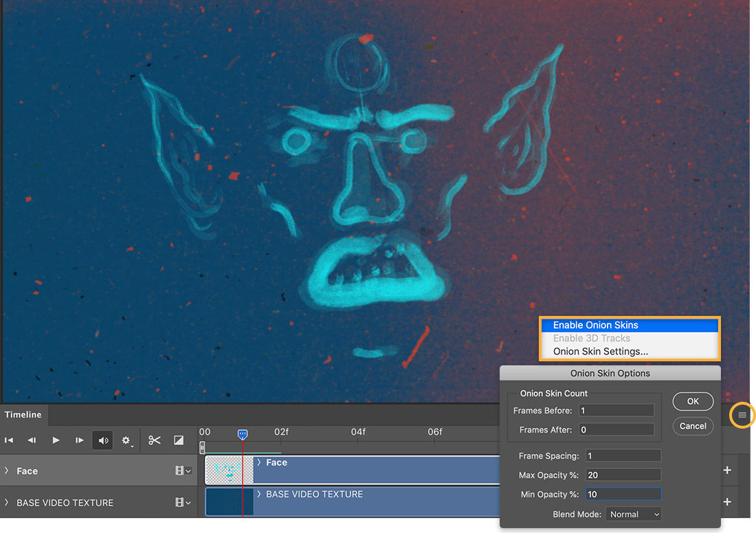 Blue face sketched on canvas, Onion Skin Options selected from Timeline flyout menu, Min Opacity is %10