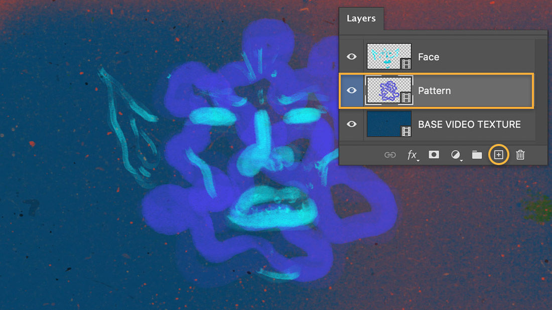 Layers panel shows Pattern layer, canvas shows purple pattern painted around the face