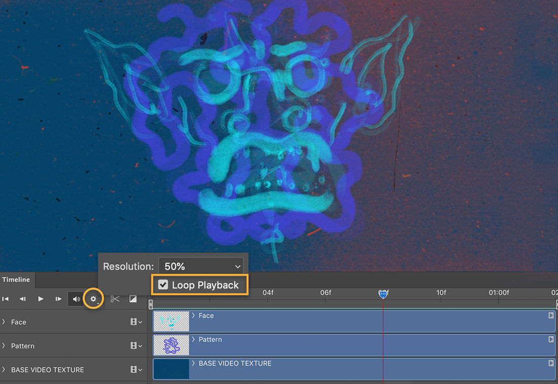Murphy’s sketch shows on the canvas, Timeline has 3 layers-face, pattern, base texture-loop playback is selected
