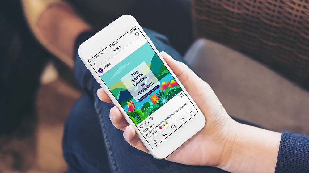 Instagram post shows illustration of flowers next to a lake and mountains. Text reads, “The earth laughs in flowers”.