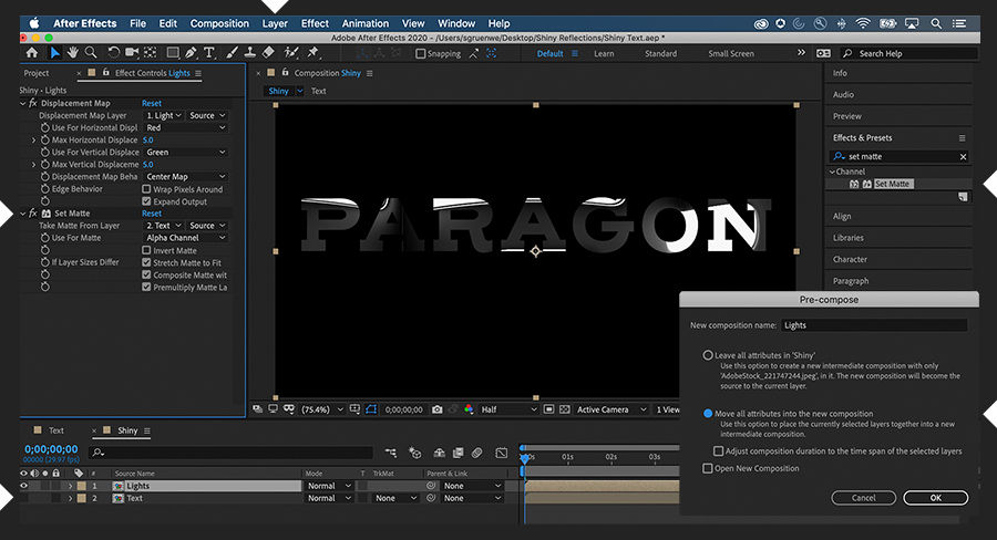 Light-source layer is precomposed, and Displacement Map and Set Matte effects are applied to it per the Effect Controls panel