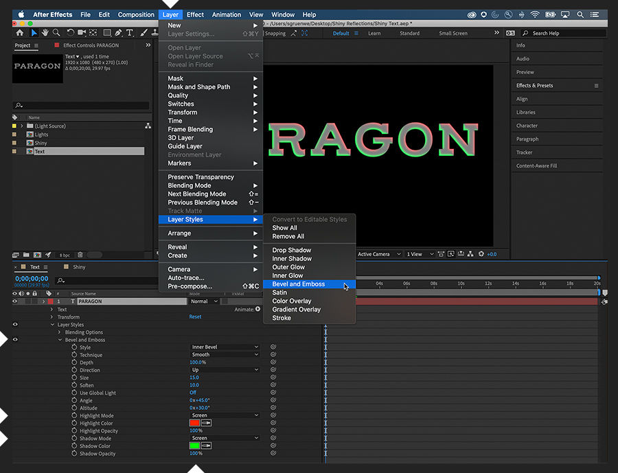 Text layer has the Bevel and Emboss layer style applied to it via the displayed menu selection
