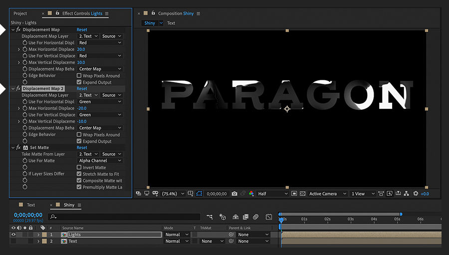 In the Effect Controls panel, the Displacement Map effect targets Red and its duplicate targets Green