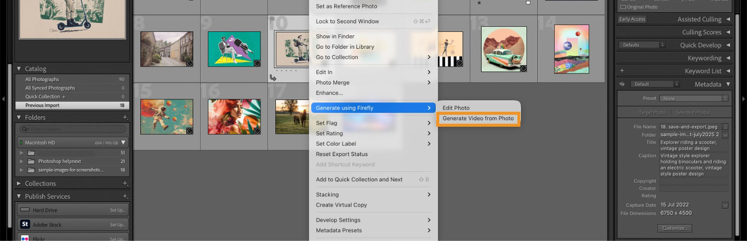 Lightroom Classic grid view with a right‑click menu open on a photo, highlighting Generate using Firefly.