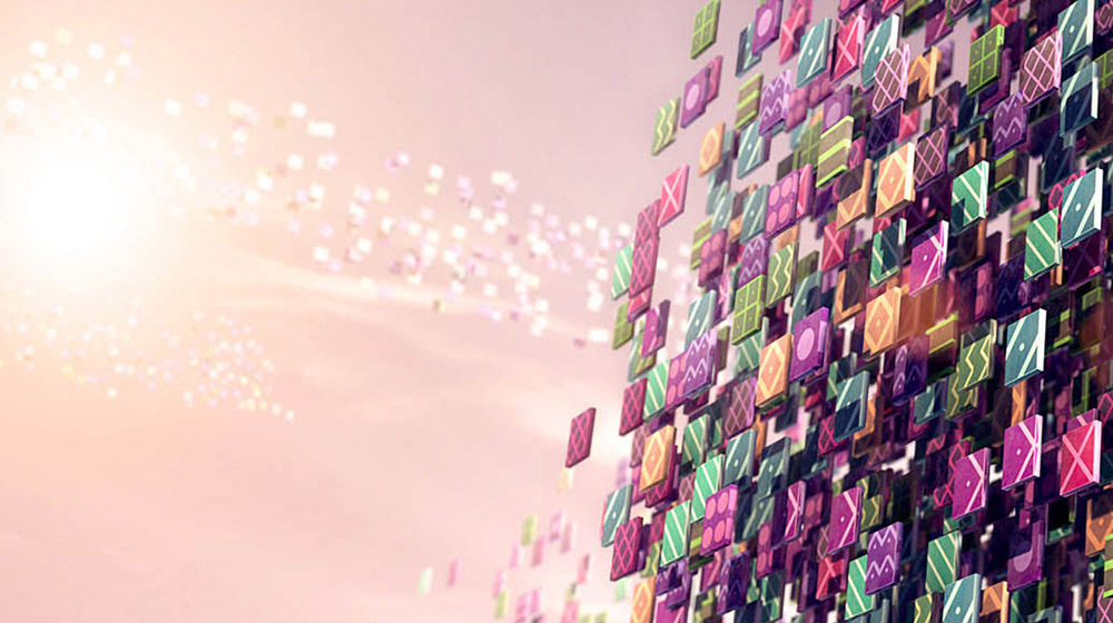 Colorful, patterned square tiles float into the sky.