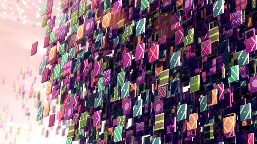 Colorful, patterned square tiles float into the sky.