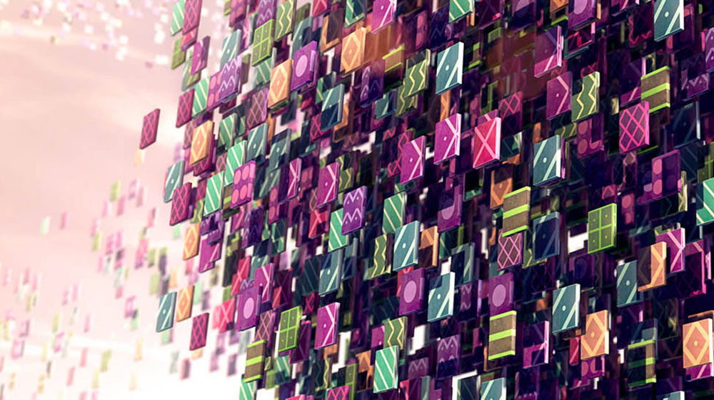 Colorful, patterned square tiles float into the sky.