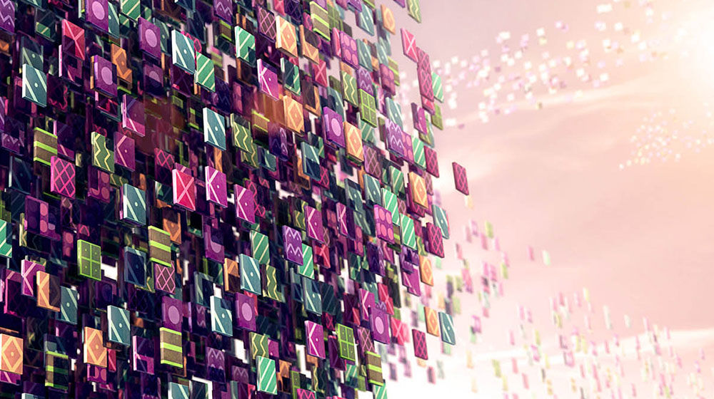 Colorful, patterned square tiles float into the sky.