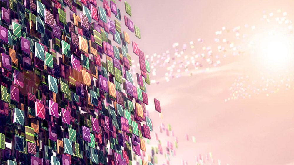 Colorful, patterned square tiles float into the sky.