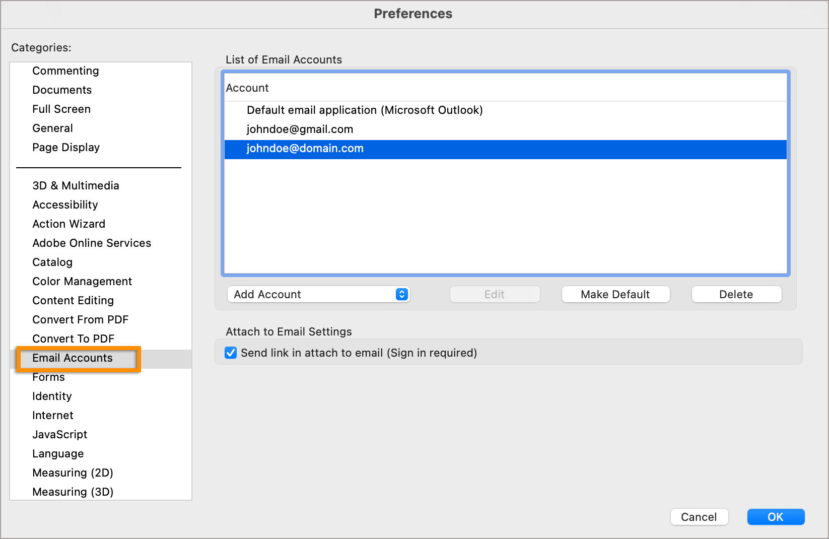 Add, delete, or set an email account as default