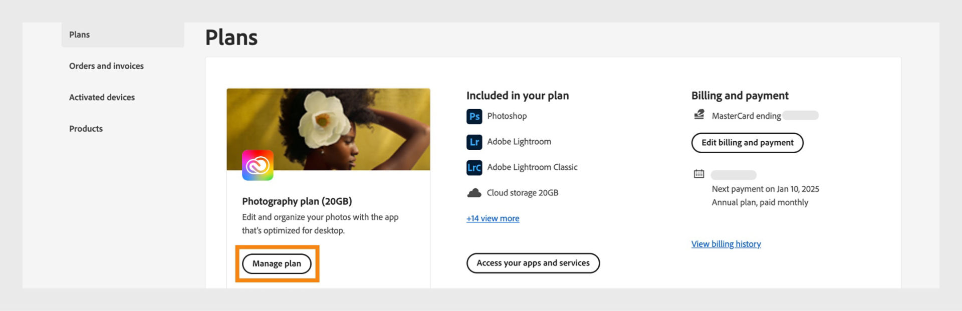 The Plans section in the Plans and payment page showing all the active plans on your Adobe account, billing and payment details, and options to manage plan, view all apps and services in the plan, and edit billing history.