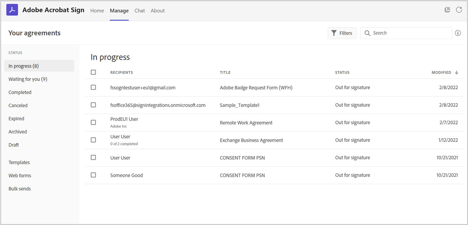 manage agreements page