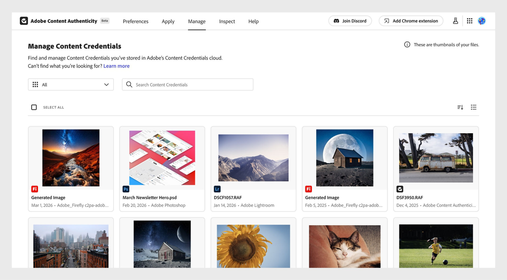 The Manage tab in Adobe Content Authenticity shows your content that contains your Content Credentials. 