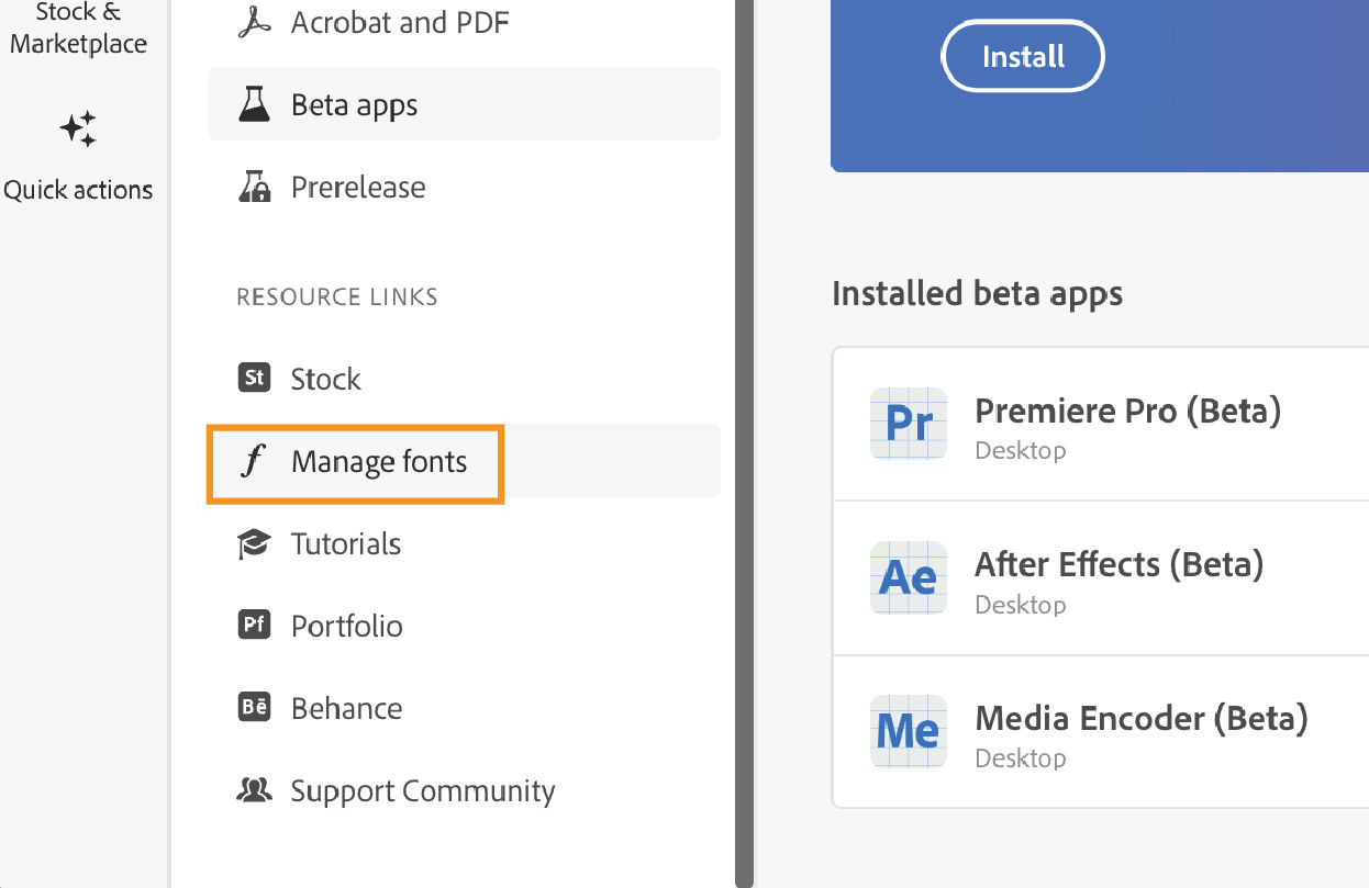 Manage fonts option in Adobe Creative Cloud Desktop application.