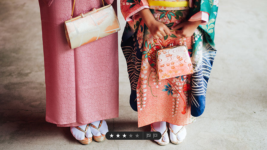 A photo of two women in traditional Japanese clothing showing their shoes and hand bags with a 3 out of 5 star rating