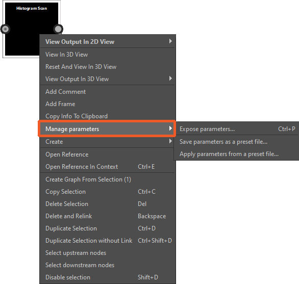 'Manage parameters' menu in node contextual menu