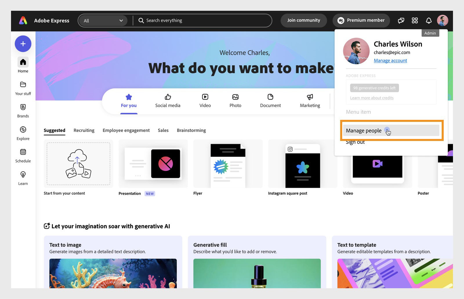 Image displays Adobe Express UI with user profile expanded. Shows various options with a highlighted “Manage people” feature.