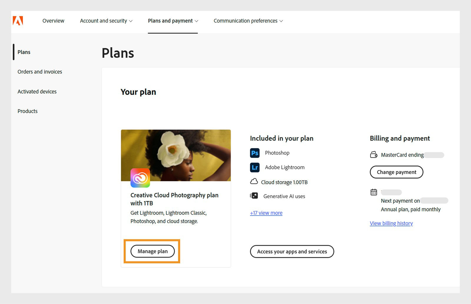 The Plans window, where the Manage plan button is highlighted under the currently active plan.
