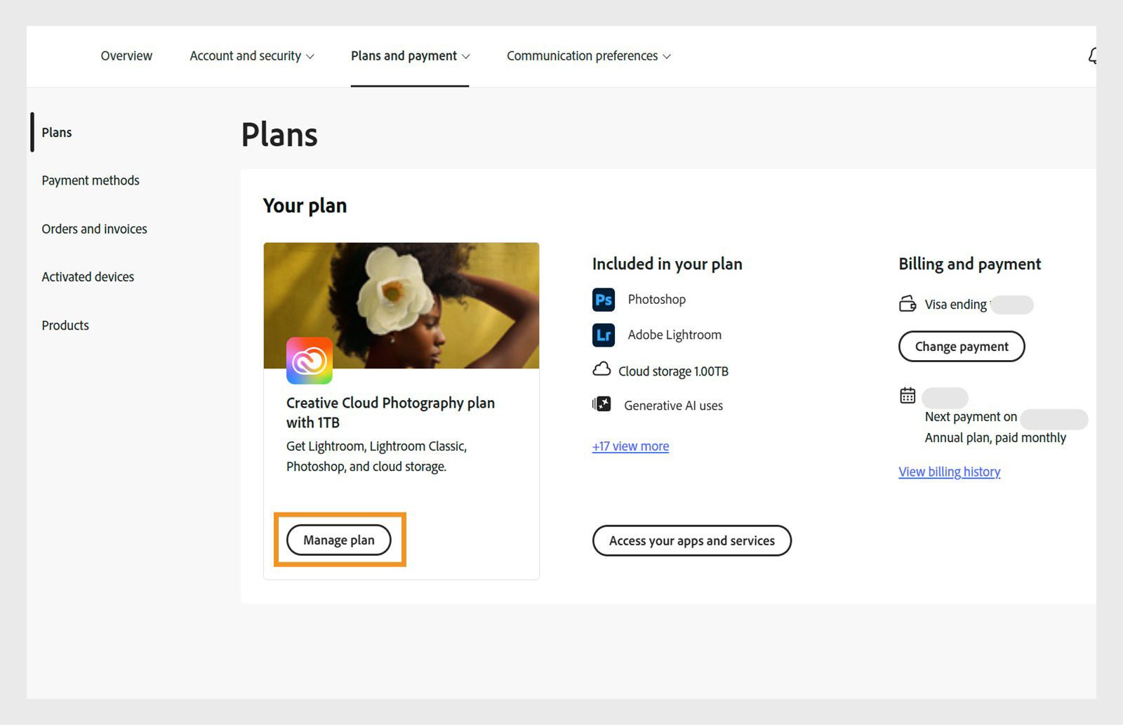 The Manage plan button, available for an active plan under the Plans section, allows you to change your Adobe plan.
