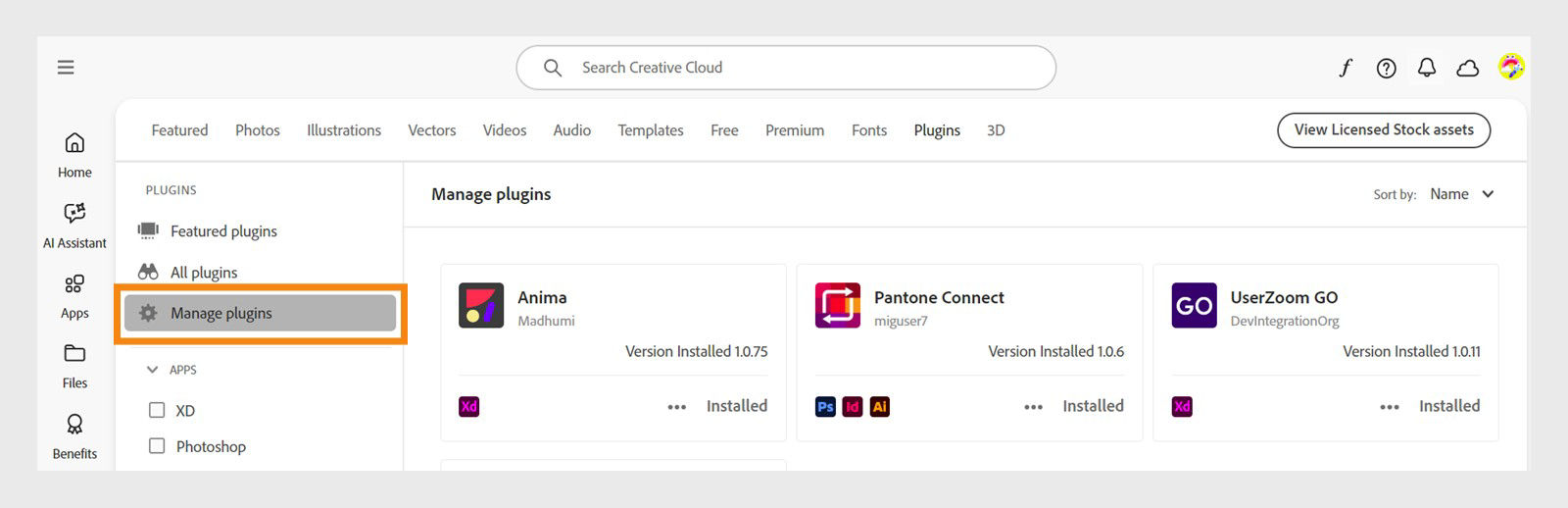 The Stock & Marketplace screen displays Manage plugins tab where you can view your installed plugins. 
