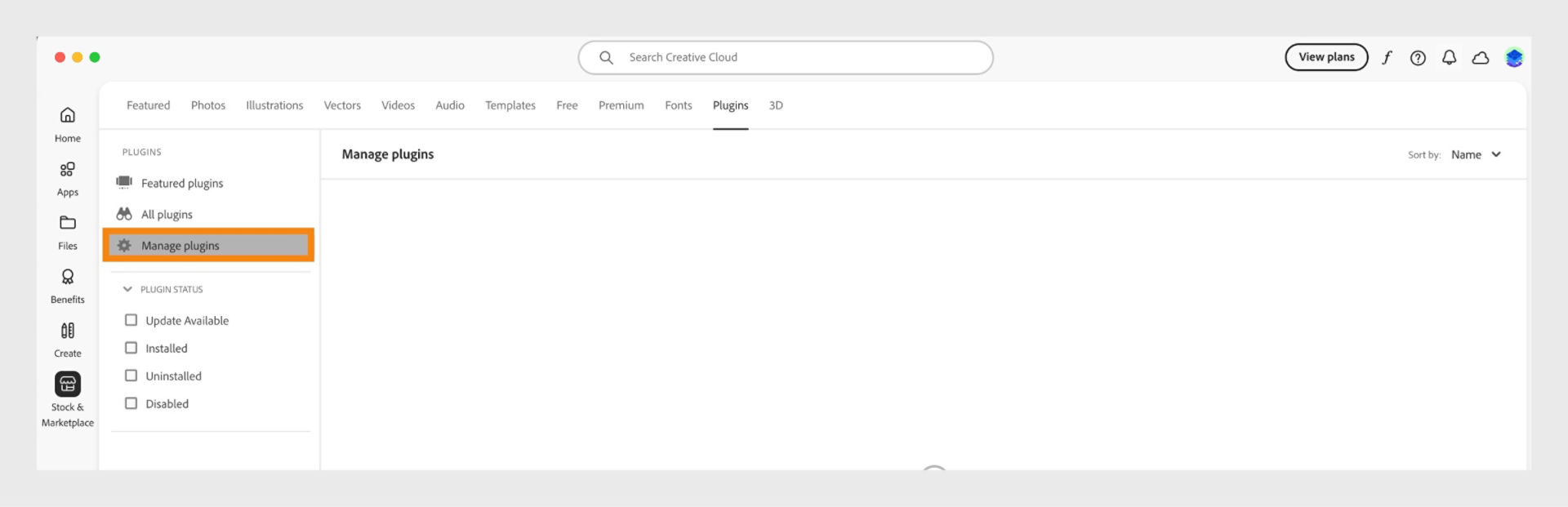 The Stock & Marketplace screen displays Manage plugins tab where you can view your installed plugins. 