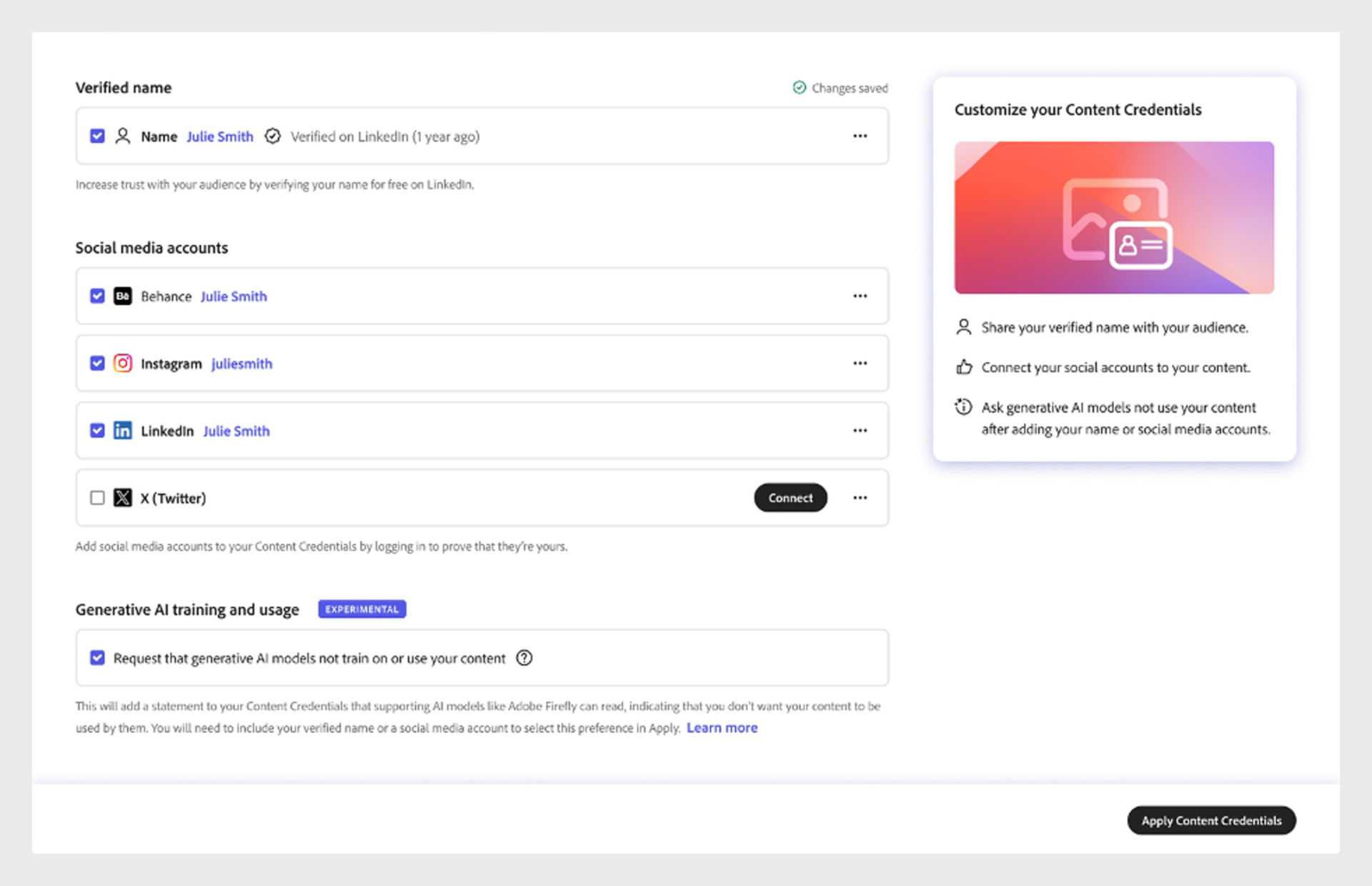 The Preferences page of Adobe Content Authenticity shows your verified name and the options to connect social media accounts, request generative AI models to not train on or use your content, and apply content credentials.