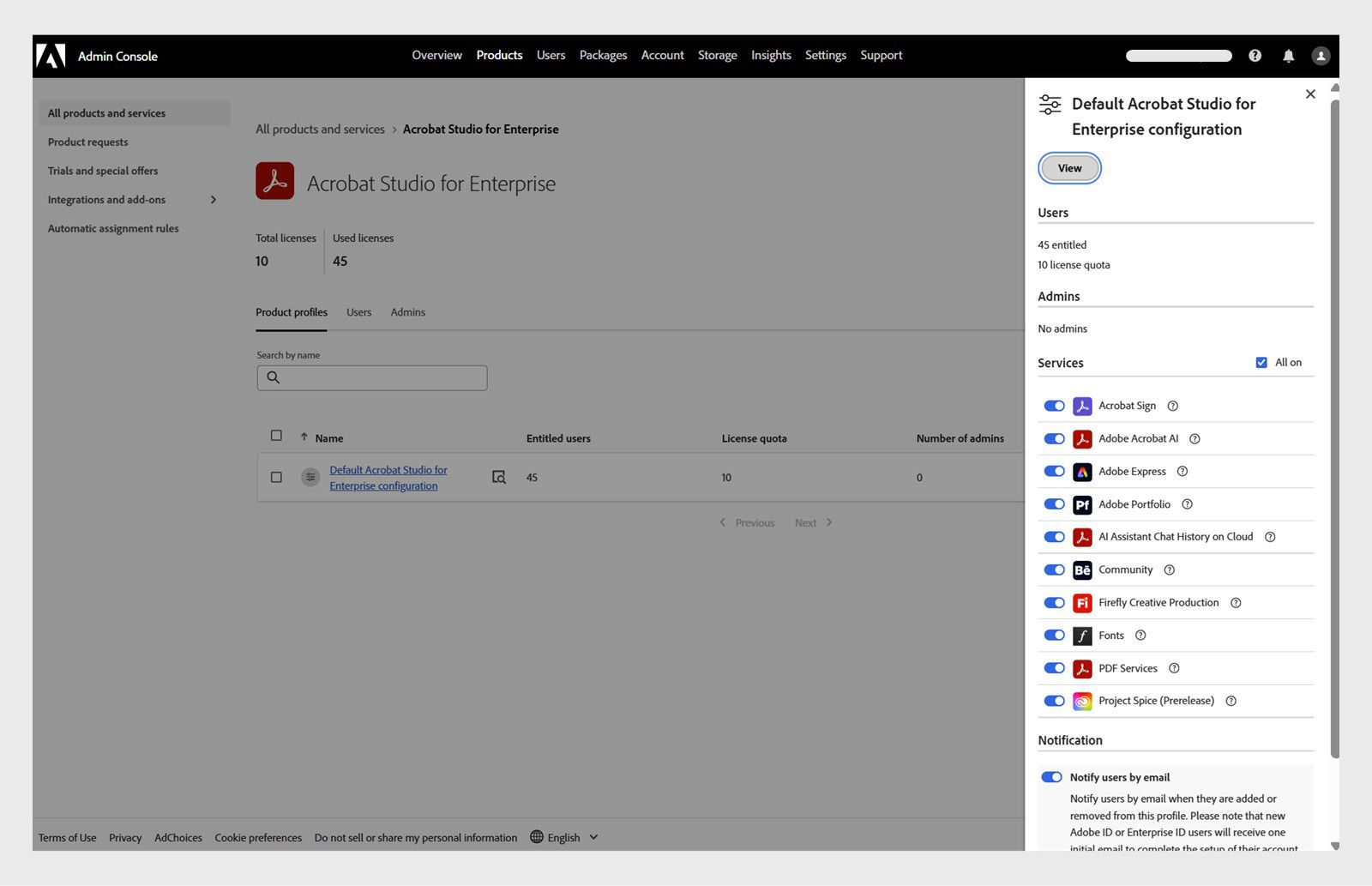 Product profile details with all services enabled.