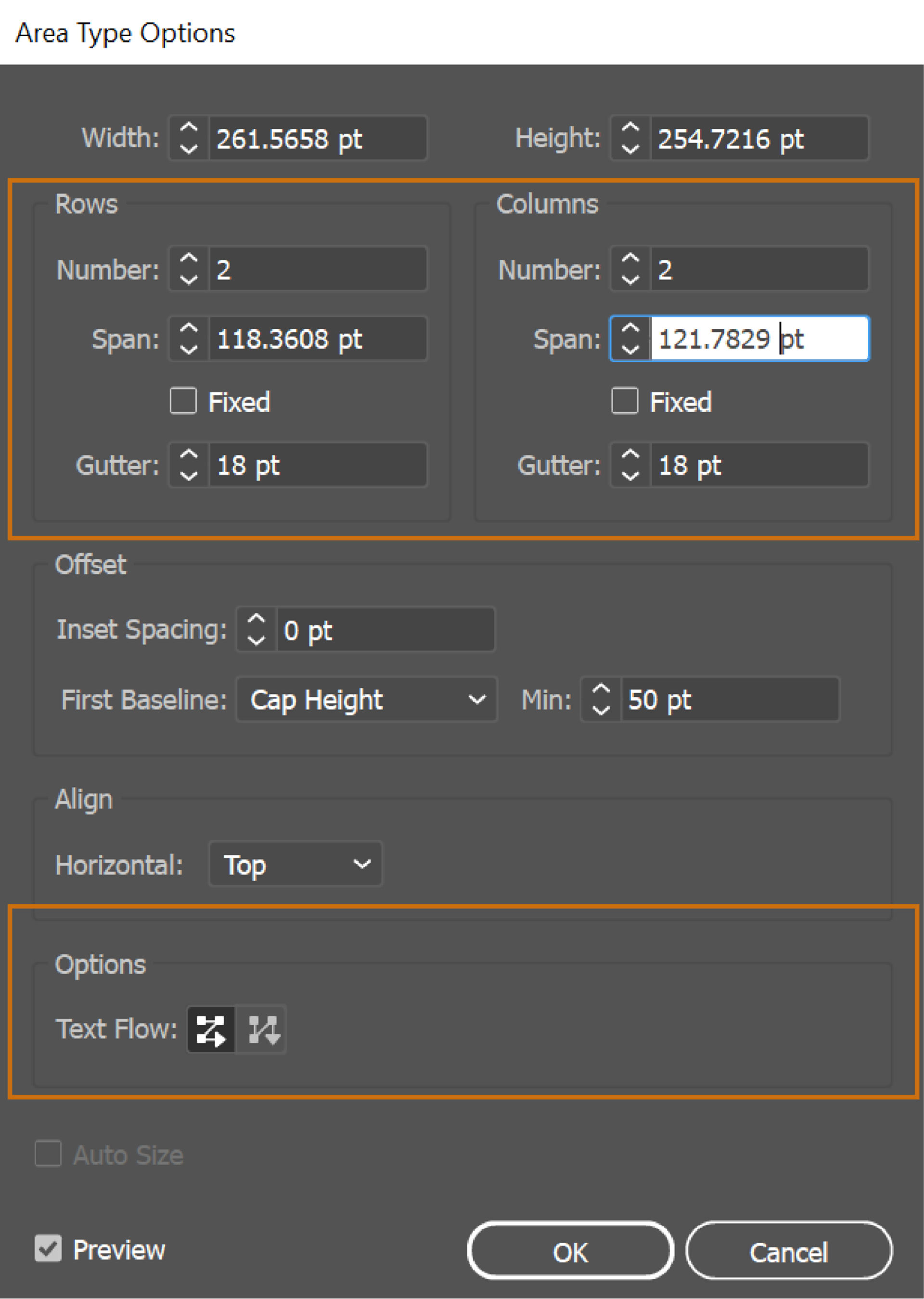 These are the Area Type Options to split text into rows and columns