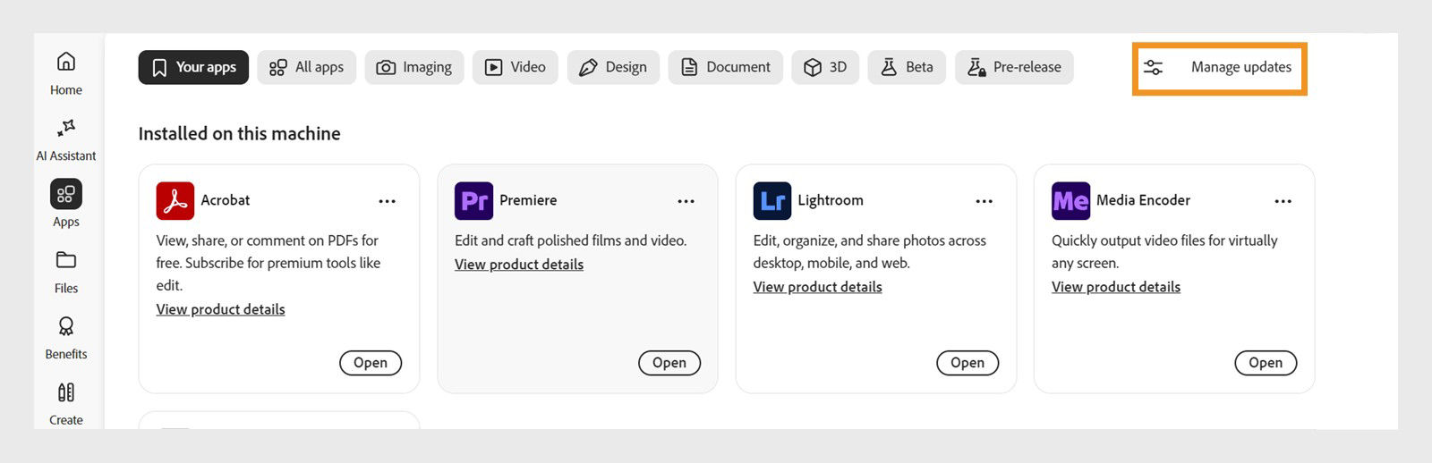 The Apps tab displays available Creative Cloud apps and provides options to enable auto-updates and check for updates.