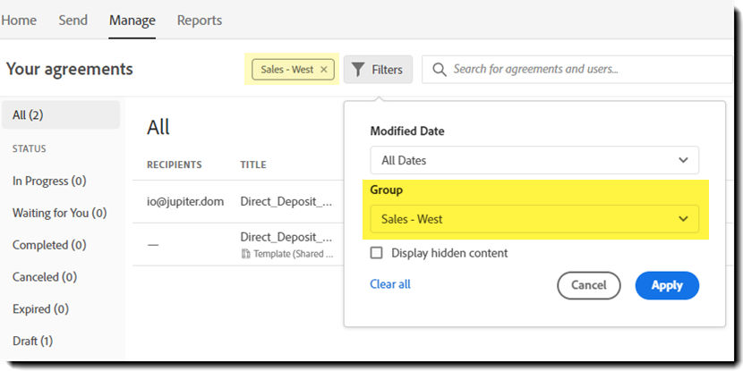 Filter contgent on the Manage page by group