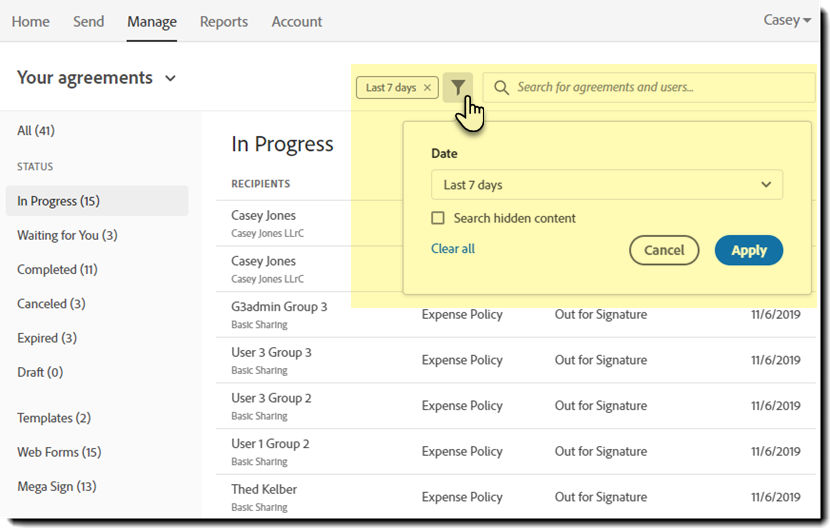 Manage page Search filters