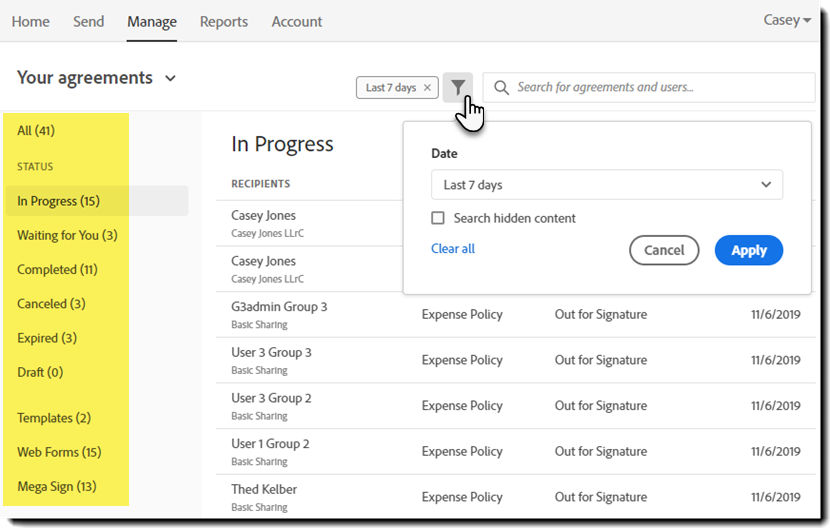 Manage page Status filters