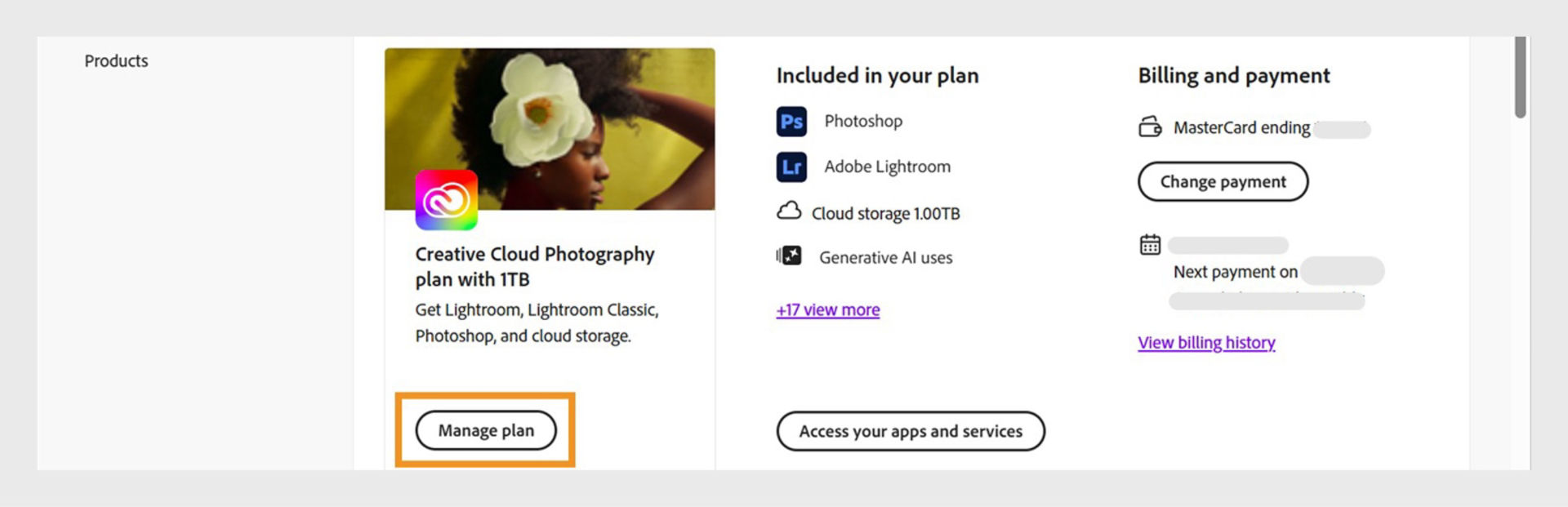 The Manage plan button, available for an active plan under the Plans section, allows you to change your Adobe plan.