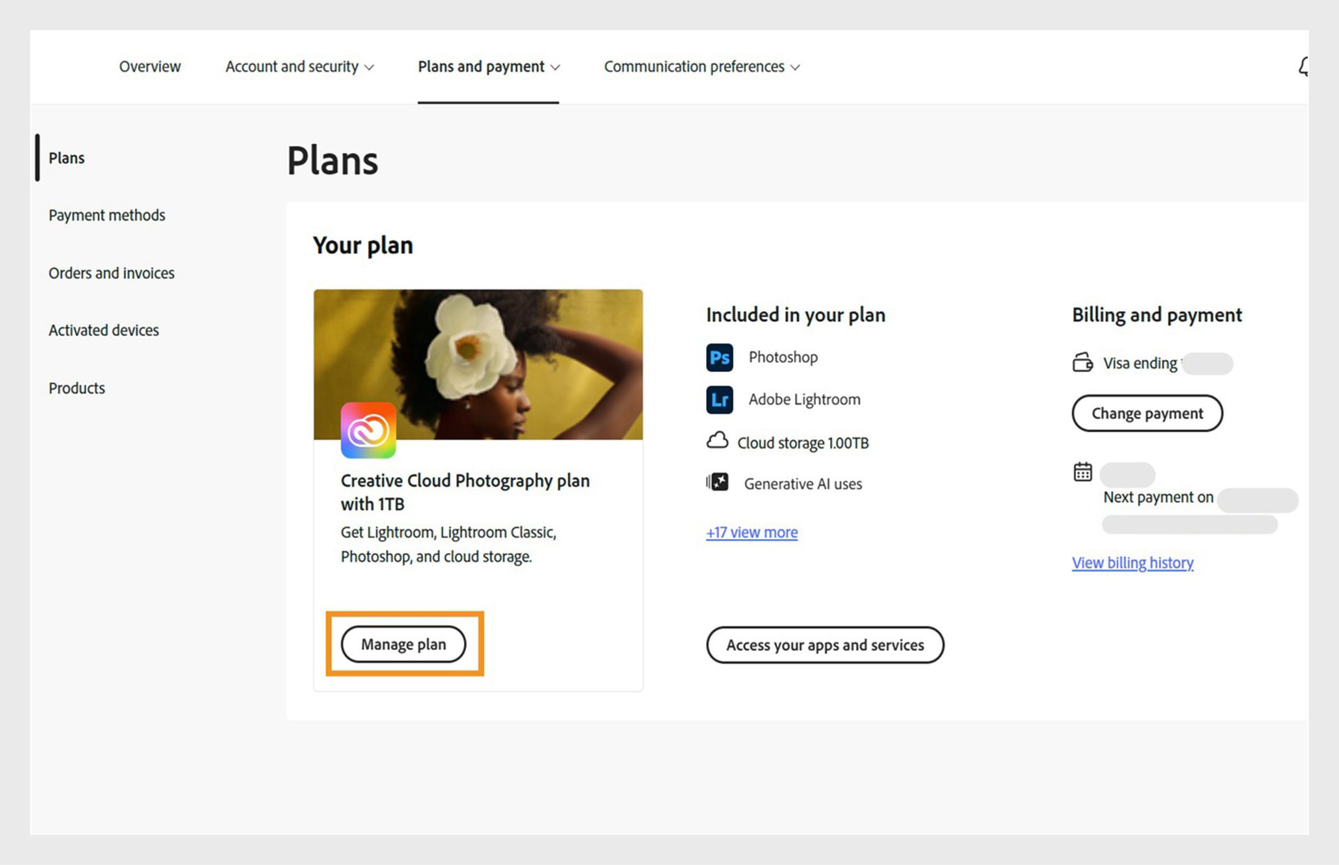 The Plans window, where the Manage plan button is highlighted under the currently active plan.