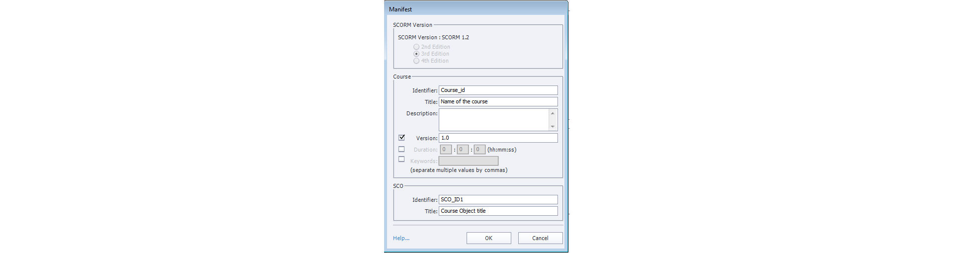 Adobe Captivate LMS Manifest dialog box with SCORM version