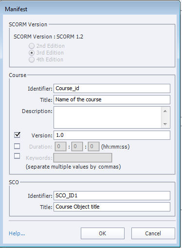 Adobe Captivate Classic LMS Manifest dialog box with SCORM version