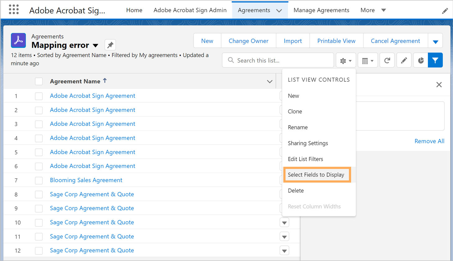 Acrobat Sign for Salesforce: Add merge/data mapping error column to list view