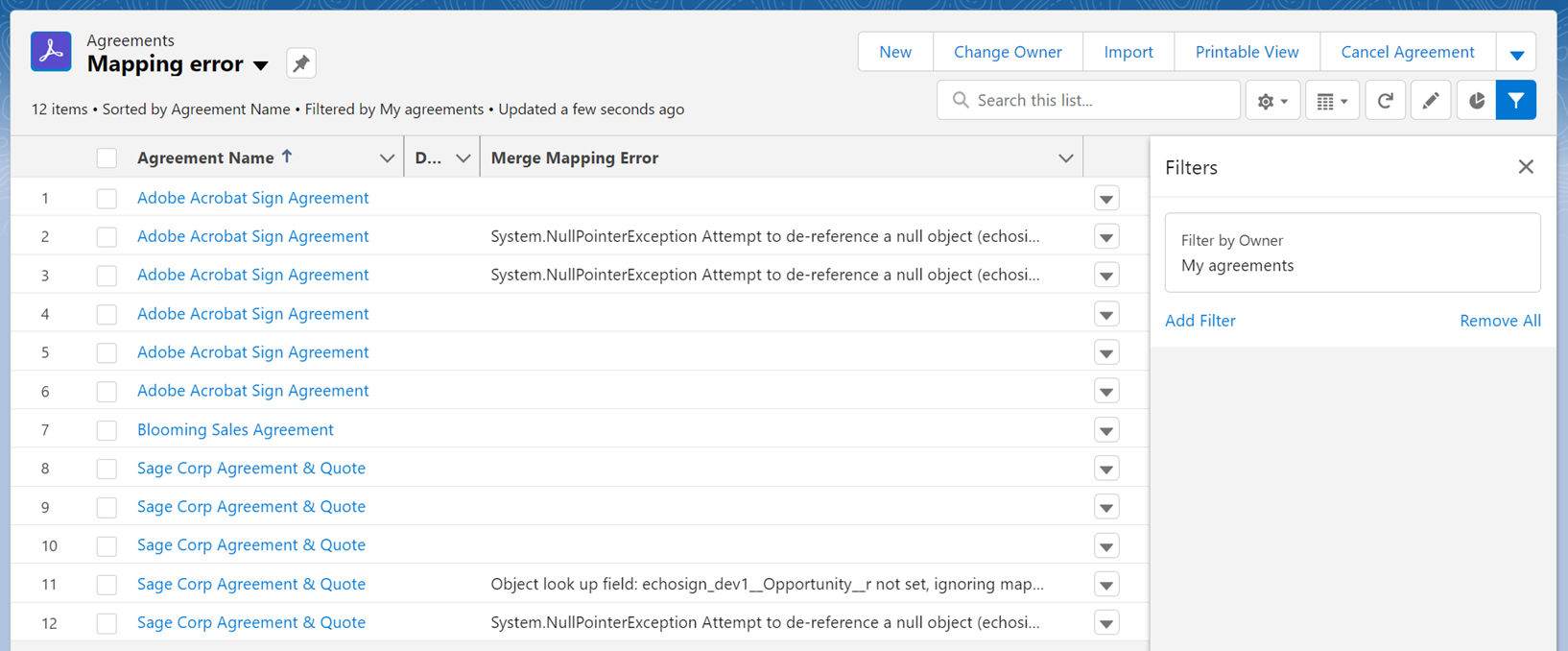 Acrobat Sign for Salesforce: Add merge/data mapping error column to list view