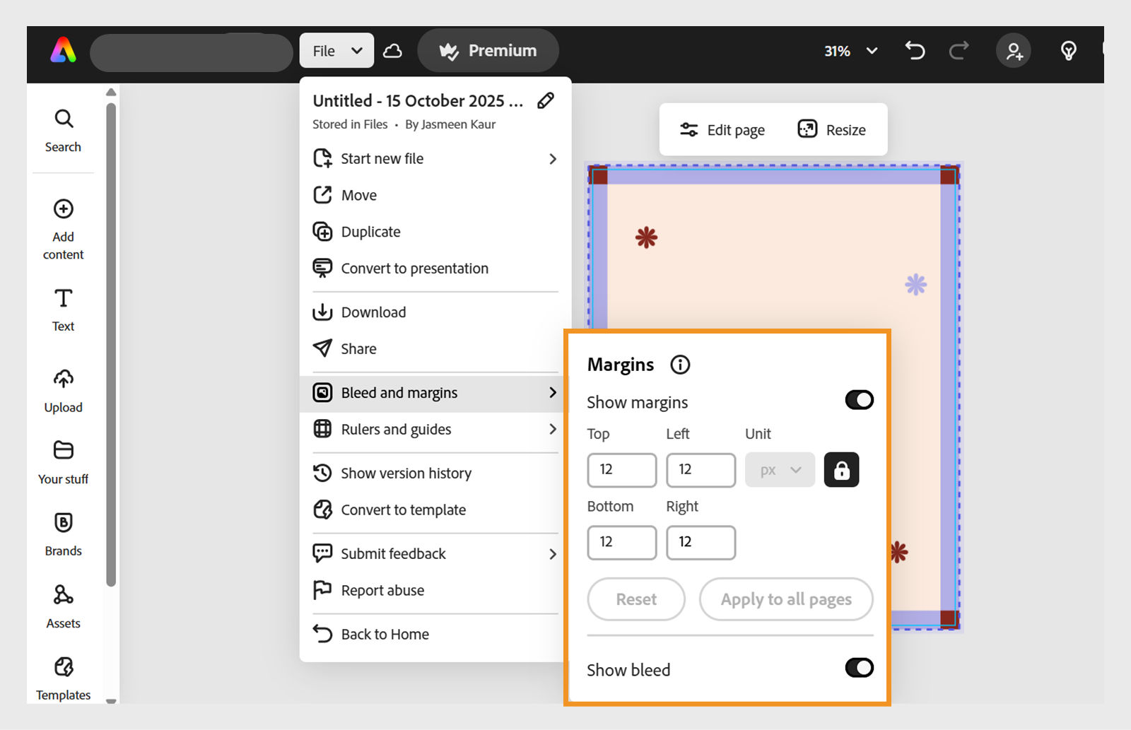 Interface do Adobe Express com um design rosa e um painel de configurações de margens mostrando 12 mm para cima, baixo, esquerda e direita.