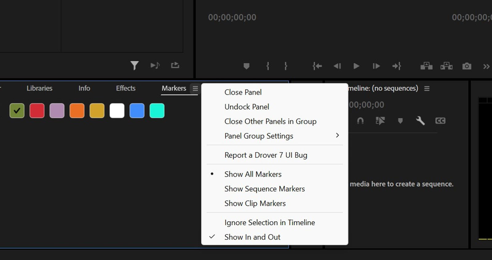 Markers panel is open and the option Show All Markers is selected. 