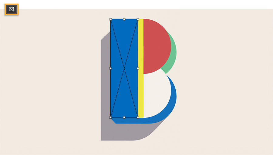 Rectangular selection of portion of letter B with a drop shadow on a khaki background, Frame tool displays at the top