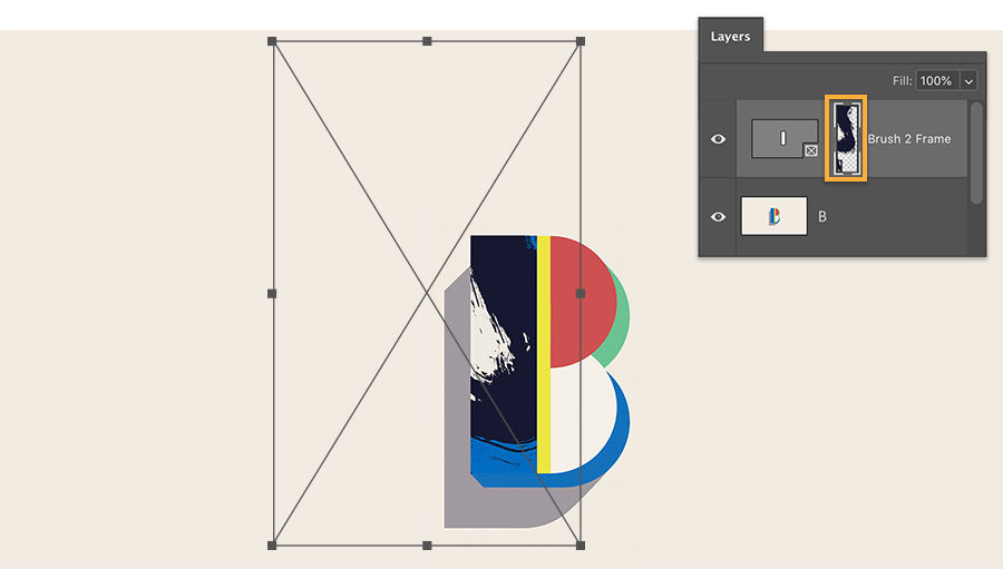 Newly filled frame selection shows boundary of Transform tool, separate layer is highlighted in Layers panel